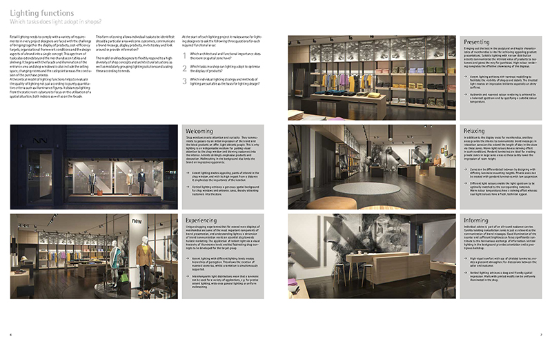 Shop window, shop and sales area with apparel and counter with stools in front.
