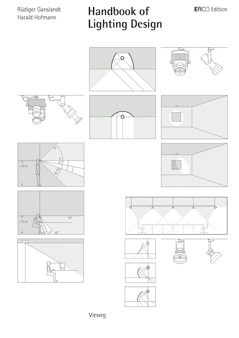 Schwarz-weiß Skizzen von Deckenleuchten und verschiedenen Beleuchtungsszenarien.